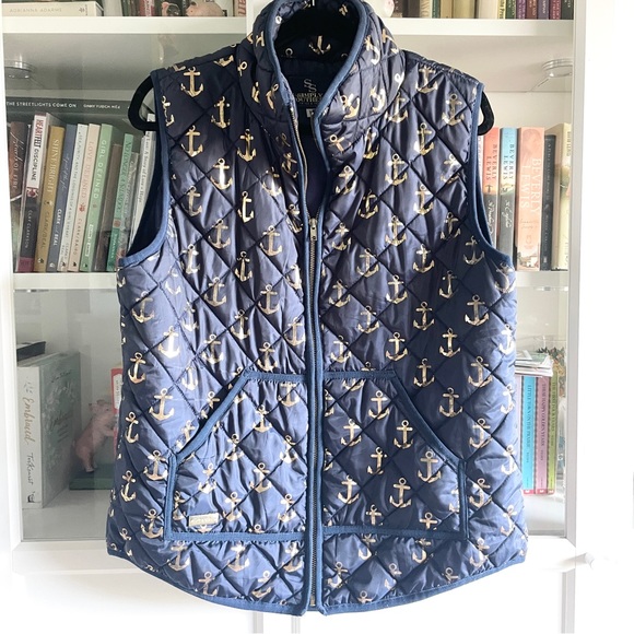 Simply Southern Navy Quilted Puffer Jacket Vest with Metallic Anchors - Picture 1 of 13